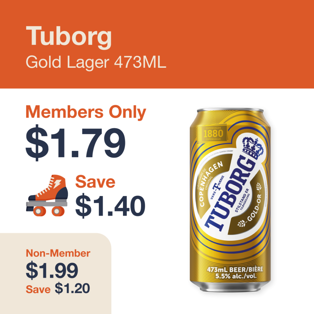 Liquor Co. 1977 monthly promo: Save $1.20 on Tuborg Gold Lager 473ML - Members save $1.40 on this featured beer deal