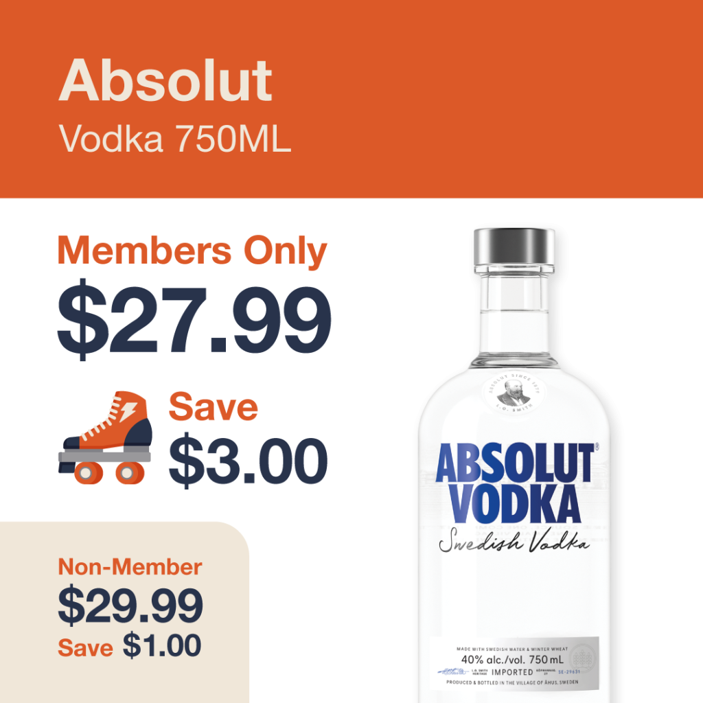Liquor Co. 1977 monthly promo: Save $1.00 on Absolut Vodka 750ML - Members save $3.00 on this featured spirit deal