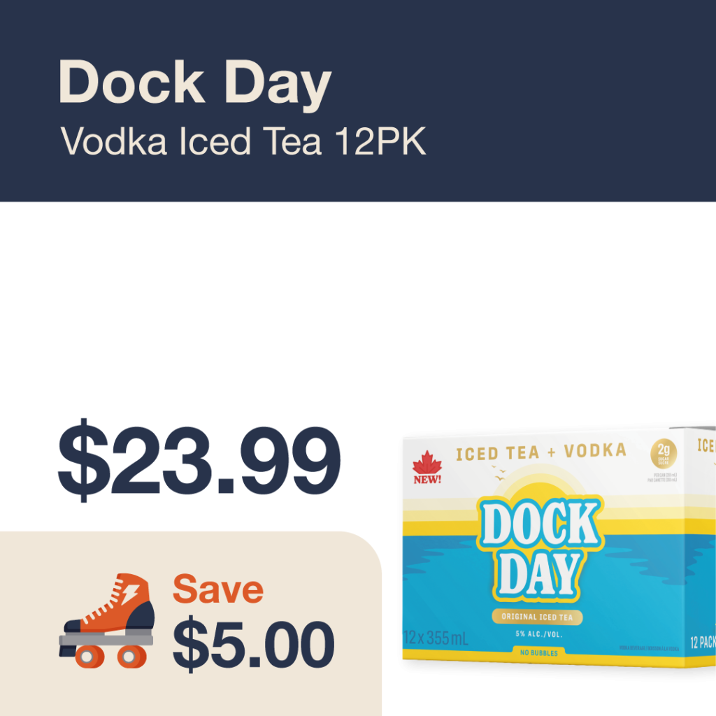 Liquor Co. 1977 monthly promo: Featured RTD deal. Save $5.00 on Dock Day Vodka Iced Tea 12PK