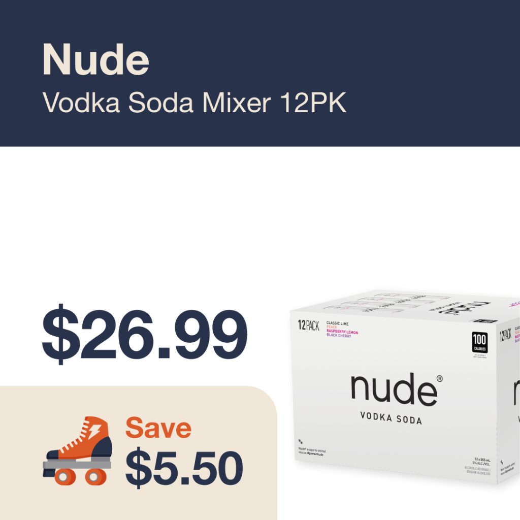 Liquor Co. 1977 monthly promo: Featured RTD deal. Save $5.50 on Nude Vodka Soda Mixer 12PK