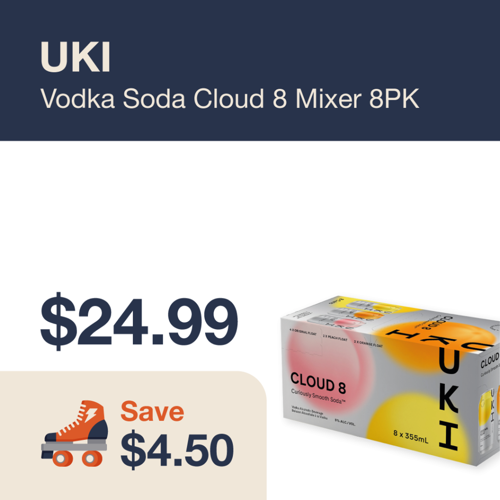 Liquor Co. 1977 monthly promo: Featured RTD deal. Save $4.50 on UKI Vodka Soda Cloud 8 Mixer 8PK