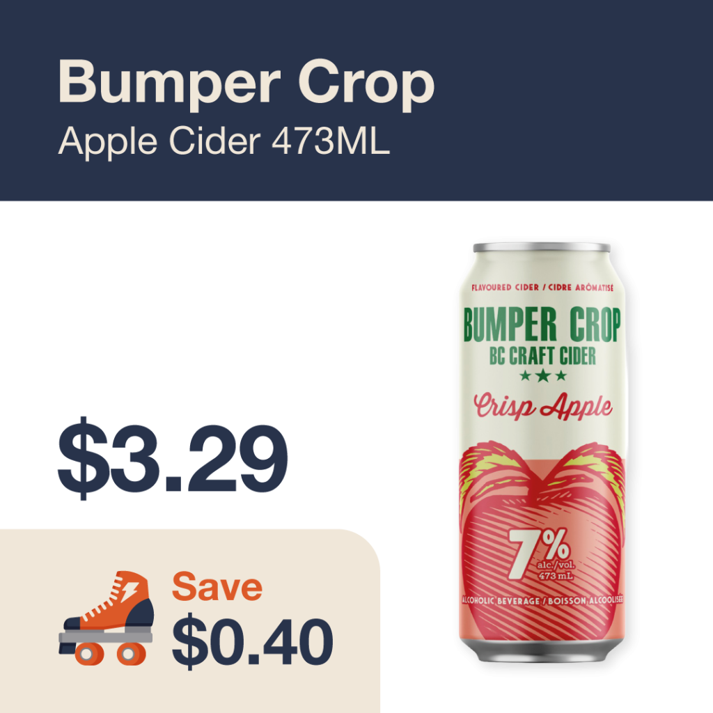 Liquor Co. 1977 monthly promo: Featured cider deal. Save $0.40 on Bumper Crop Apple Cider 473ML