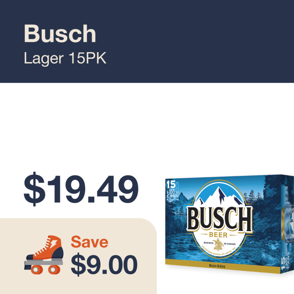 Liquor Co. 1977 monthly promo: Featured beer deal. Save $9.00 on Busch Lager 15PK