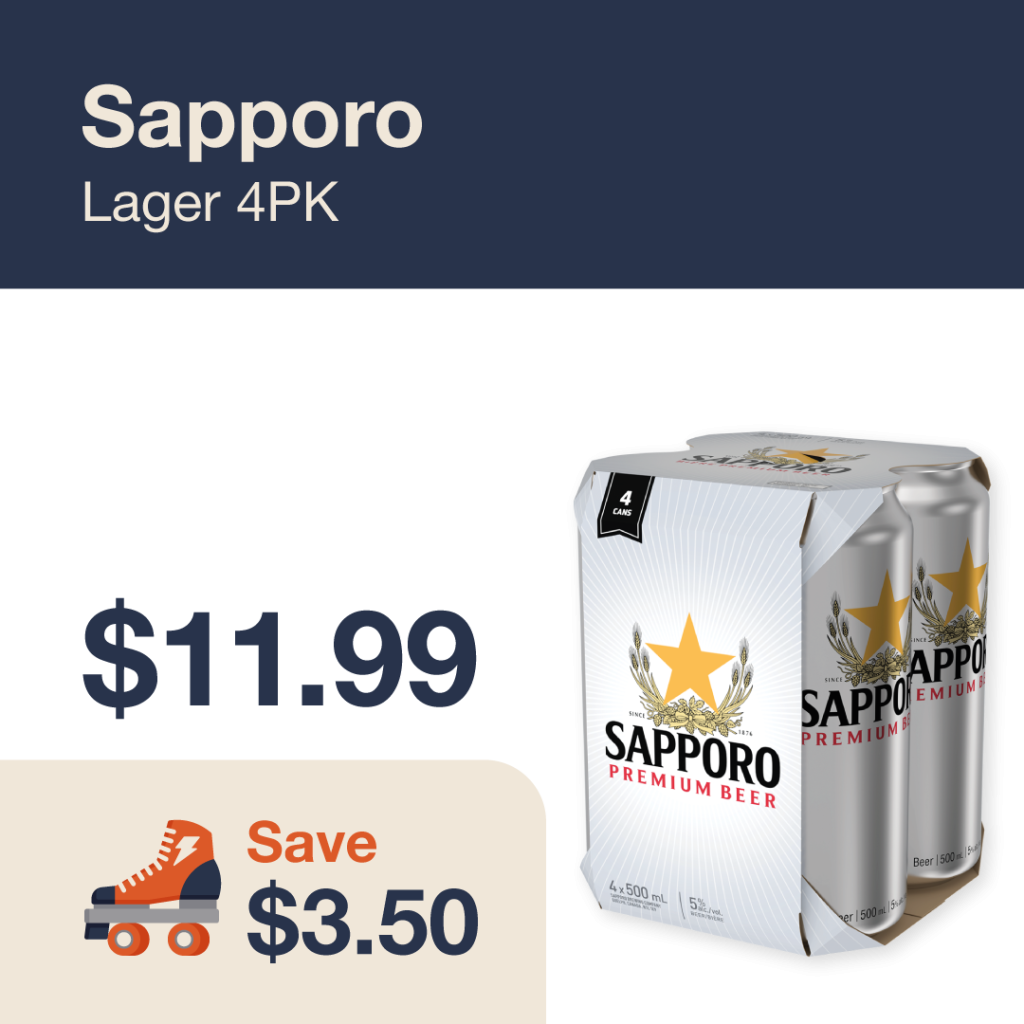Liquor Co. 1977 monthly promo: Featured beer deal. Save $3.50 on Sapporo Lager 4PK