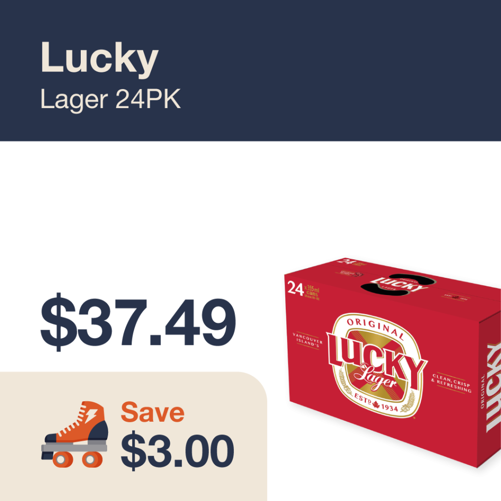 Liquor Co. 1977 monthly promo: Featured beer deal. Save $3.00 on Lucky Lager 24PK