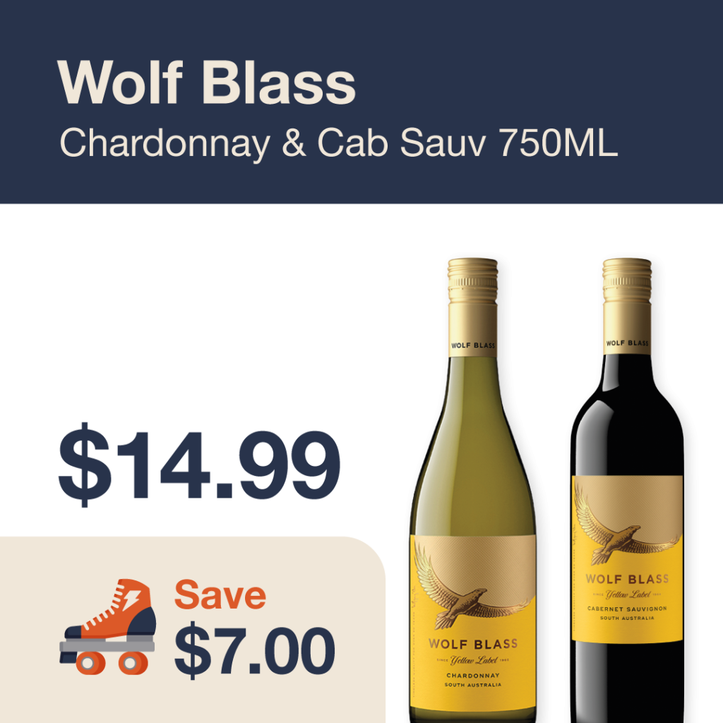 Liquor Co. 1977 monthly promo: Featured wine deal. Save $7.00 on Wolf Blass Chardonnay & Cabernet Sauvignon 750ML