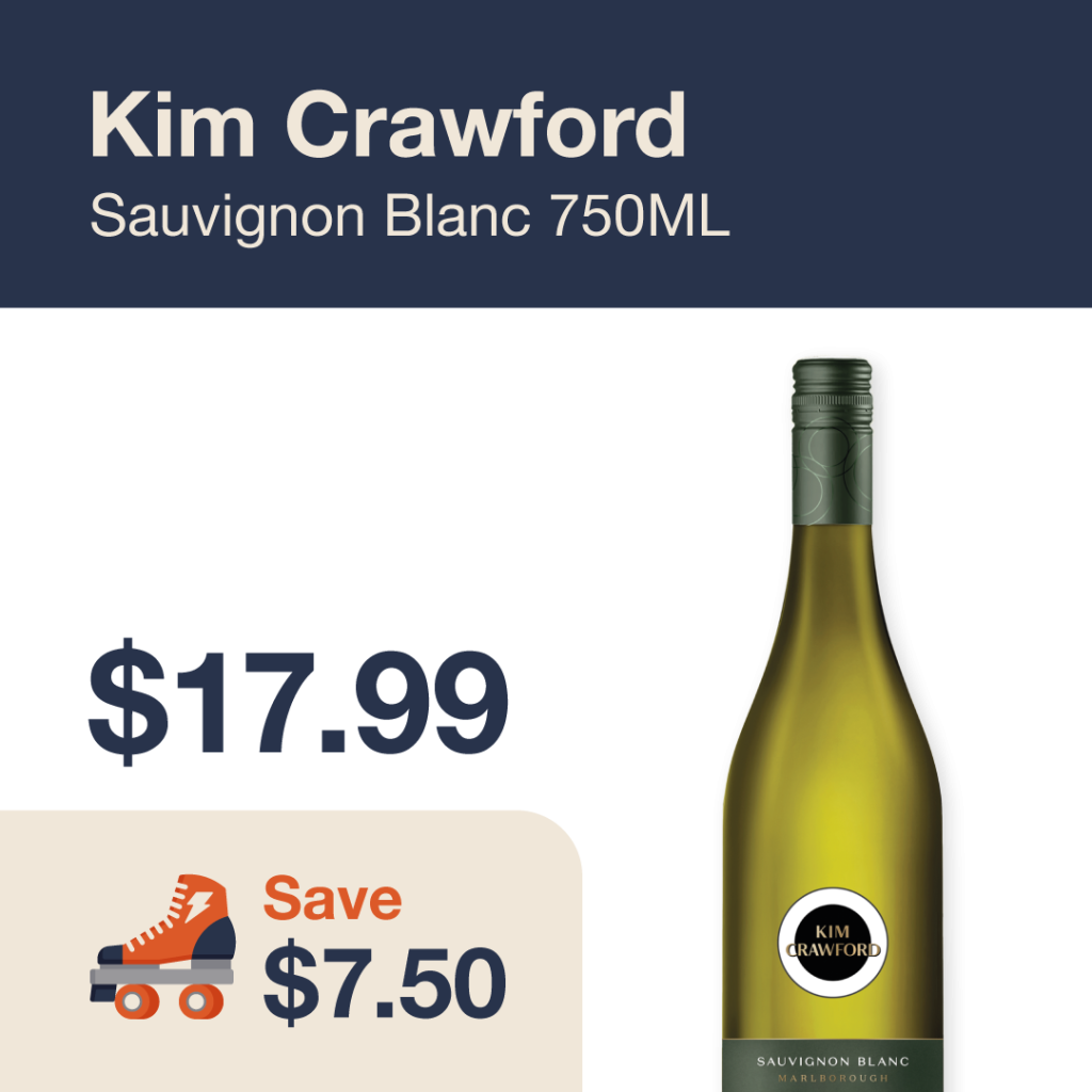 Liquor Co. 1977 monthly promo: Featured wine deal. Save $7.50 on Kim Crawford Sauvignon Blanc 750ML