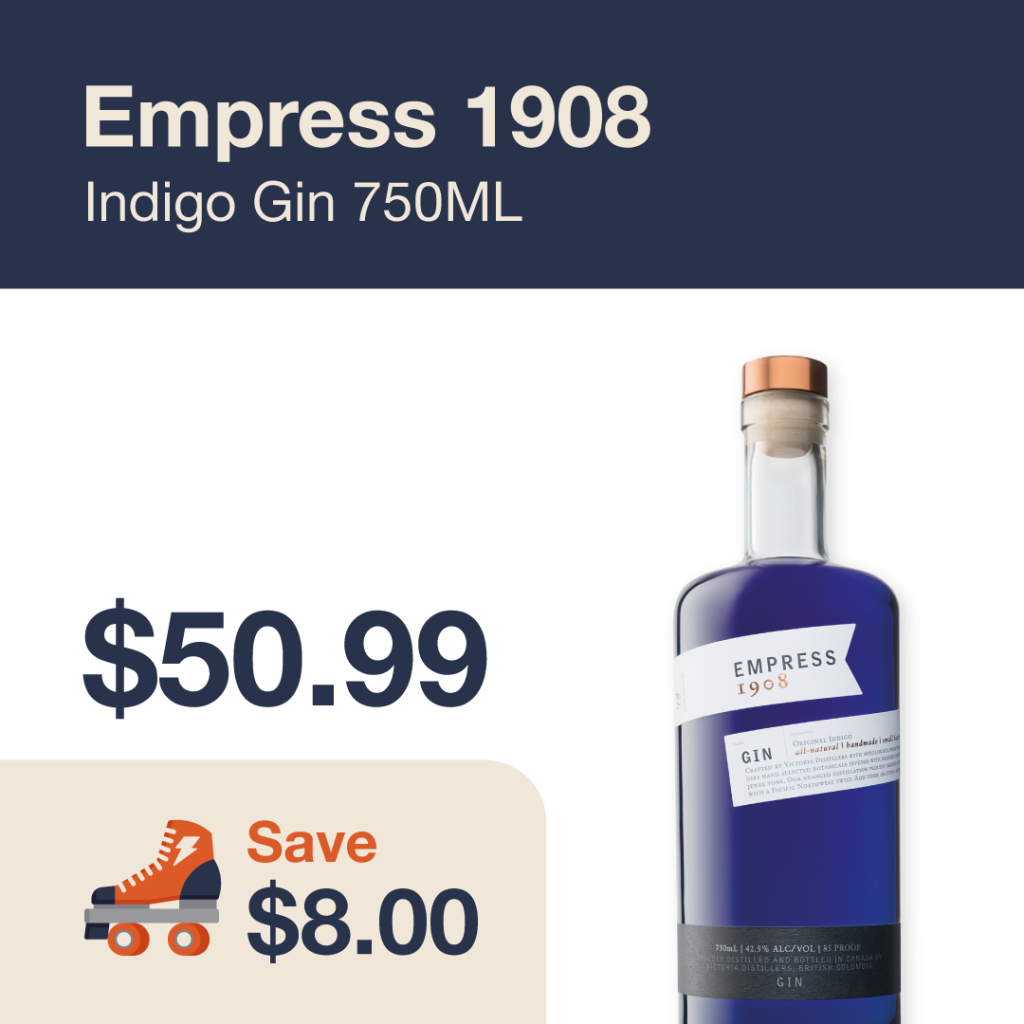 Liquor Co. 1977 monthly promo: Featured spirit deal. Save $8.00 on Empress 1908 Indigo Gin 750ML