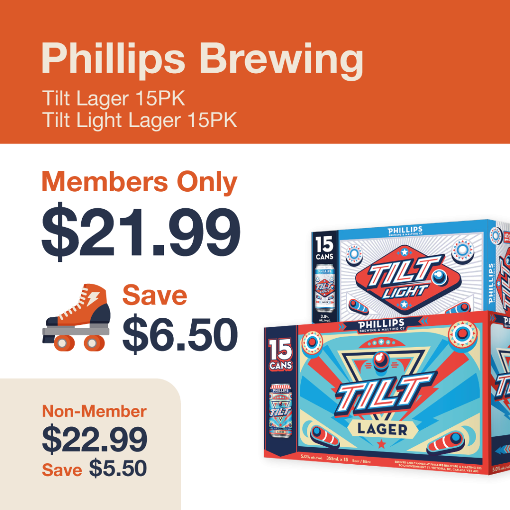 Liquor Co. 1977 monthly promo: Save $5.50 on Phillips Brewing Tilt Lager 15PK and Tilt Light Lager 15 pack - Members save $6.50 on this featured 6.50 deal