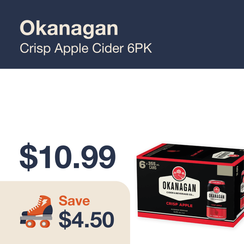 Liquor Co. 1977 monthly promo: Featured RTD deal. Save $4.50 on Okanagan Crisp Apple Cider 12PK
