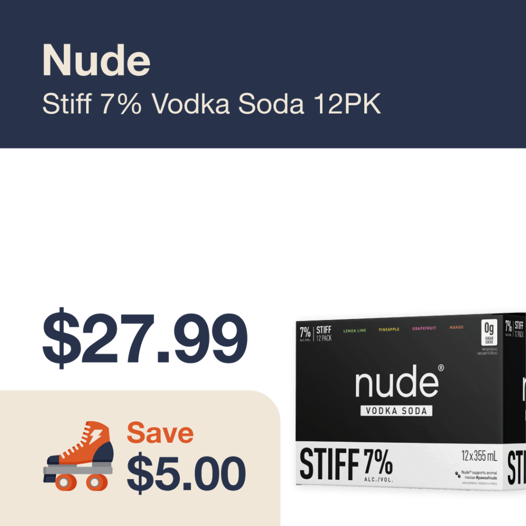 Liquor Co. 1977 monthly promo: Featured RTD deal. Save $5.00 on Nude Stiff 7% Vodka Soda 12PK