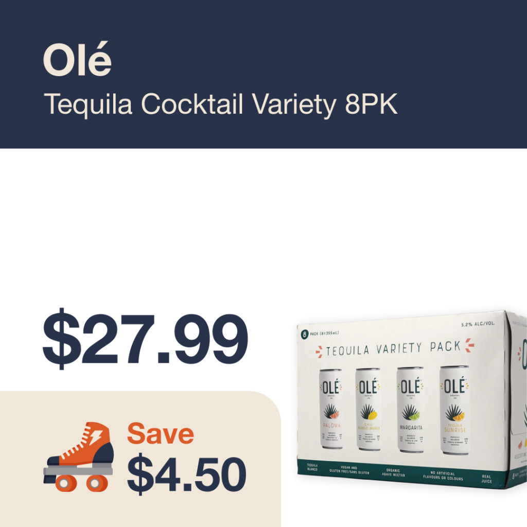 Liquor Co. 1977 monthly promo: Featured RTD deal. Save $4.50 on Ole Tequila Cocktail Variety 8PK