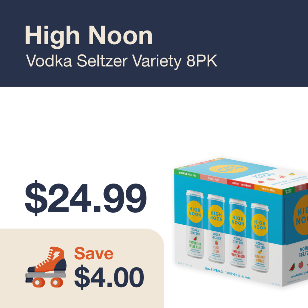 Liquor Co. 1977 monthly promo: Featured RTD deal. Save $4.00 on High Noon Vodka Seltzer Variety 8PK