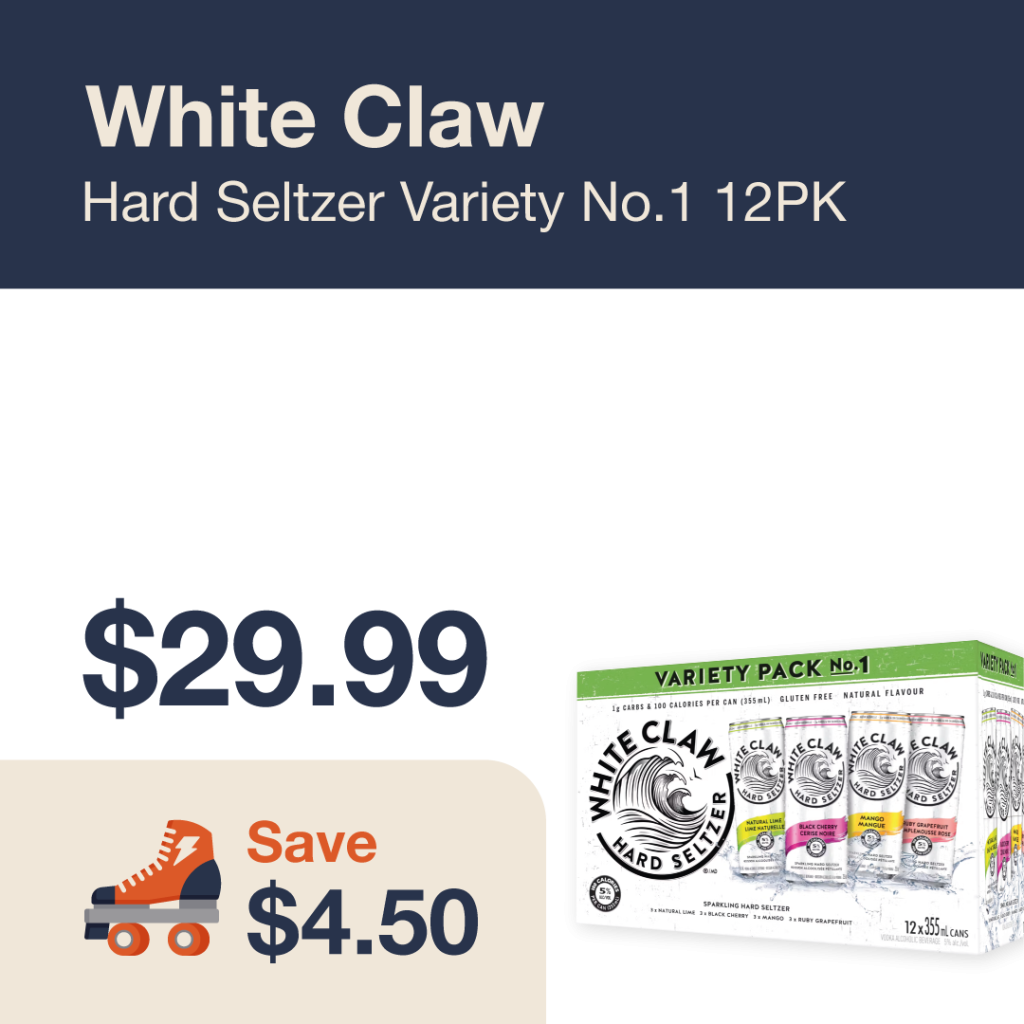 Liquor Co. 1977 monthly promo: Featured RTD deal. Save $4.50 on White Claw Hard Seltzer Variety No. 1 12PK