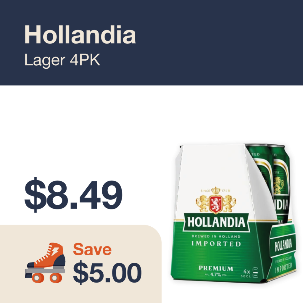 Liquor Co. 1977 monthly promo: Featured beer deal. Save $5.00 on Hollandia Lager 4PK