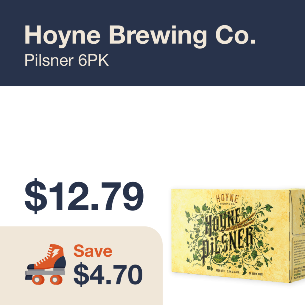 Liquor Co. 1977 monthly promo: Featured beer deal. Save $4.70 on Hoyne Brewing Co. Pilsner 6PK