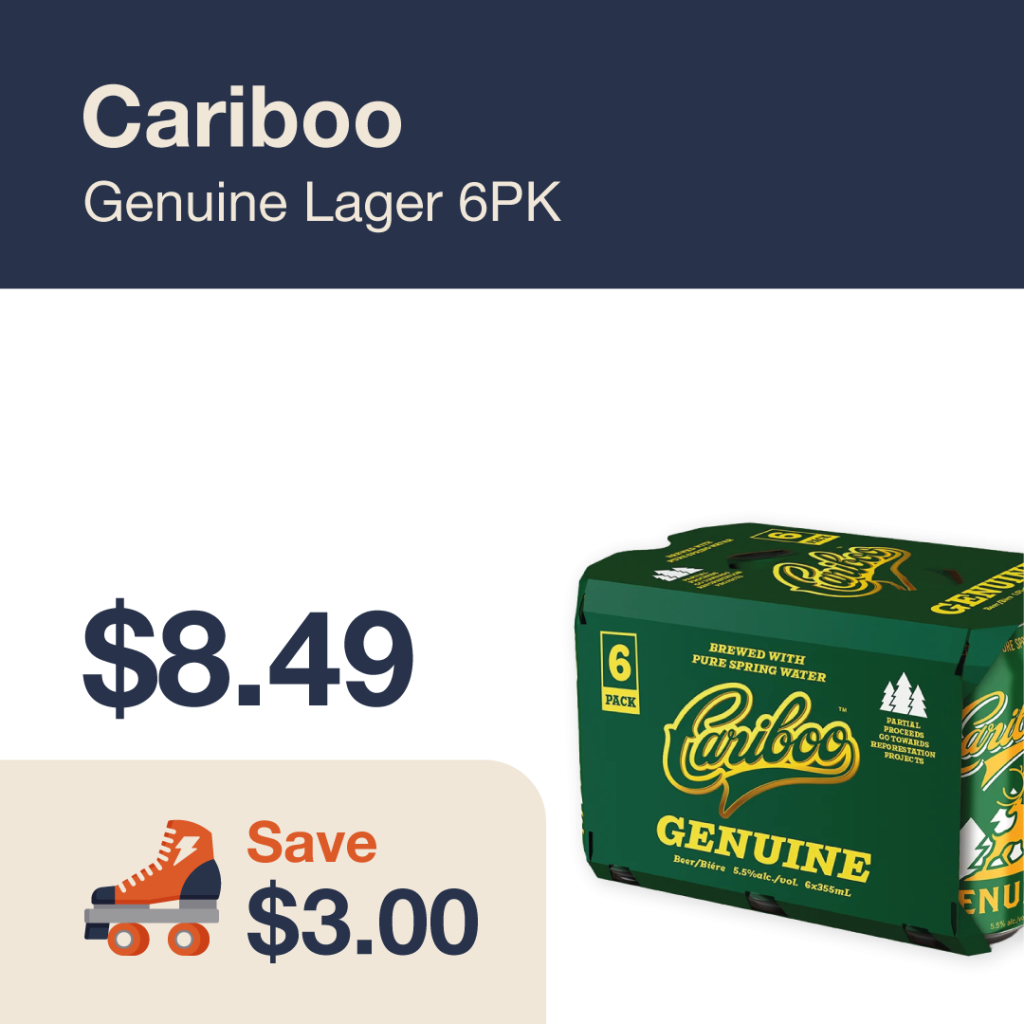 Liquor Co. 1977 monthly promo: Featured beer deal. Save $3.00 on Cariboo Genuine Lager 6PK