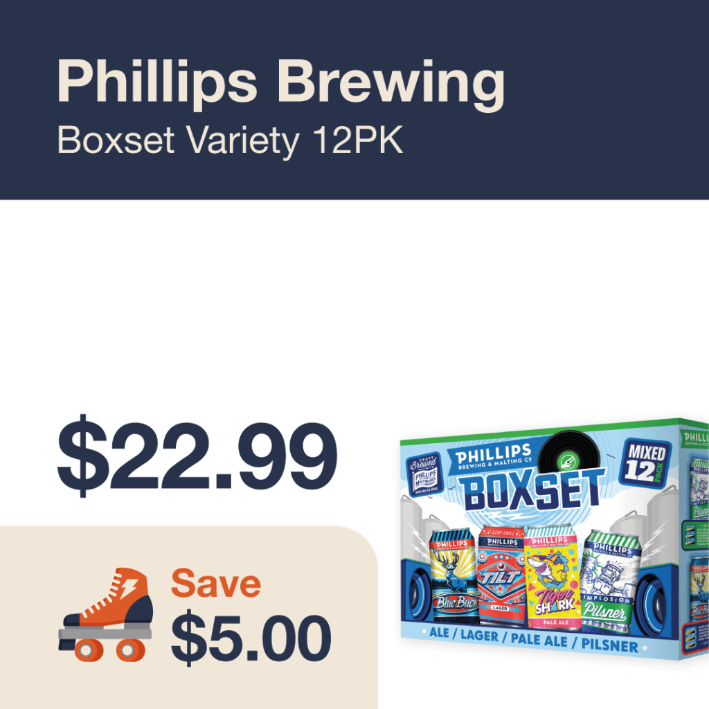 Liquor Co. 1977 monthly promo: Featured beer deal. Save $5.00 on Phillips Brewing Boxset Variety 12PK