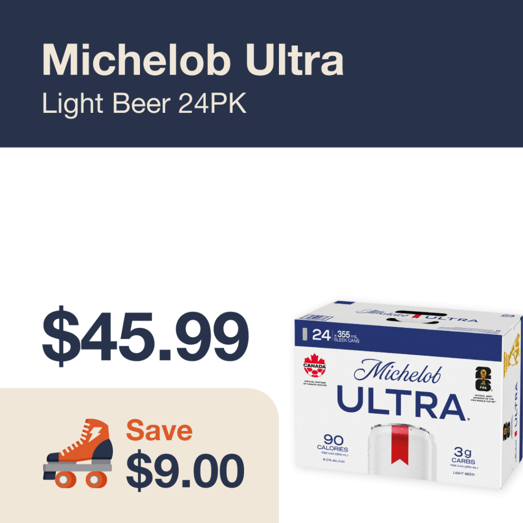 Liquor Co. 1977 monthly promo: Featured beer deal. Save $9.00 on Michelob Ultra Light Beer 24PK