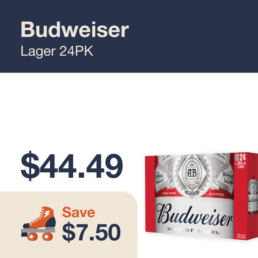 Liquor Co. 1977 monthly promo: Featured beer deal. Save $7.50 on Budweiser Lager 24PK