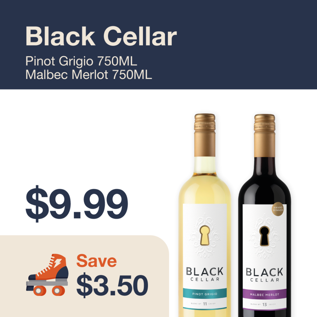 Liquor Co. 1977 monthly promo: Featured wine deal. Save $3.50 on Black Cellar Pinot Grigio 750ML and Malbec Merlot 750ML