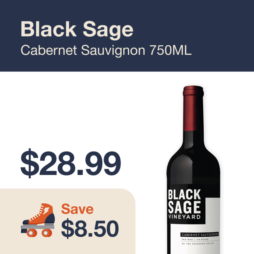 Liquor Co. 1977 monthly promo: Featured wine deal. Save $8.50 on Black Sage Cabernet Sauvignon 750ML
