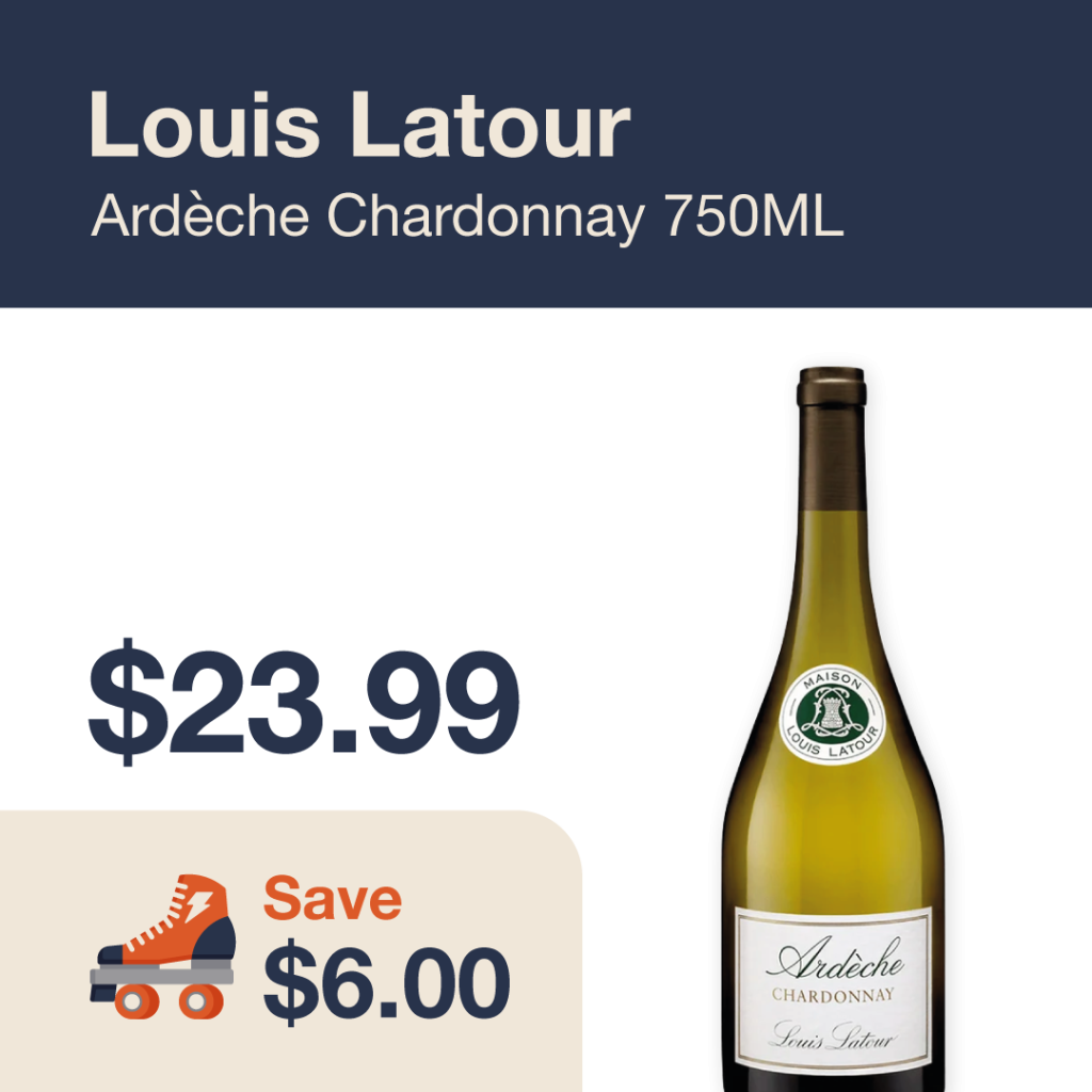 Liquor Co. 1977 monthly promo: Featured wine deal. Save $6.00 on Louis Latour Ardeche Chardonnay 750ML