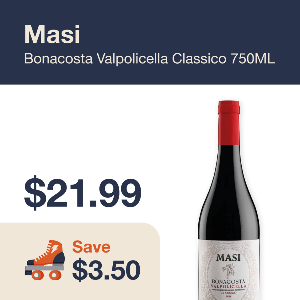 Liquor Co. 1977 monthly promo: Featured wine deal. Save $3.50 on Masi Bonacosta Valpolicella Classico 750ML