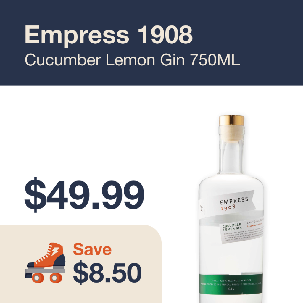 Liquor Co. 1977 monthly promo: Featured spirit deal. Save $8.50 on Empress 1908 Cucumber Lemon Gin 750ML