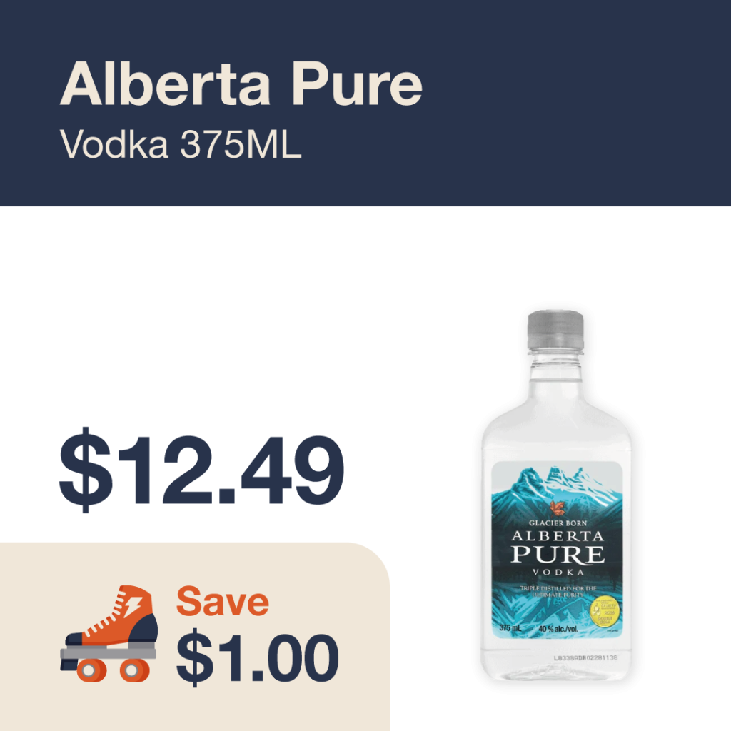 Liquor Co. 1977 monthly promo: Featured spirit deal. Save $1.00 on Alberta Pure Vodka 375ML