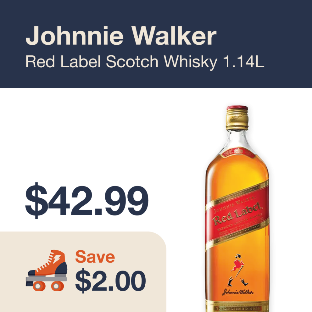 Liquor Co. 1977 monthly promo: Featured spirit deal. Save $2.00 on Johnnie Walker Red Label Scotch Whisky 1.14L