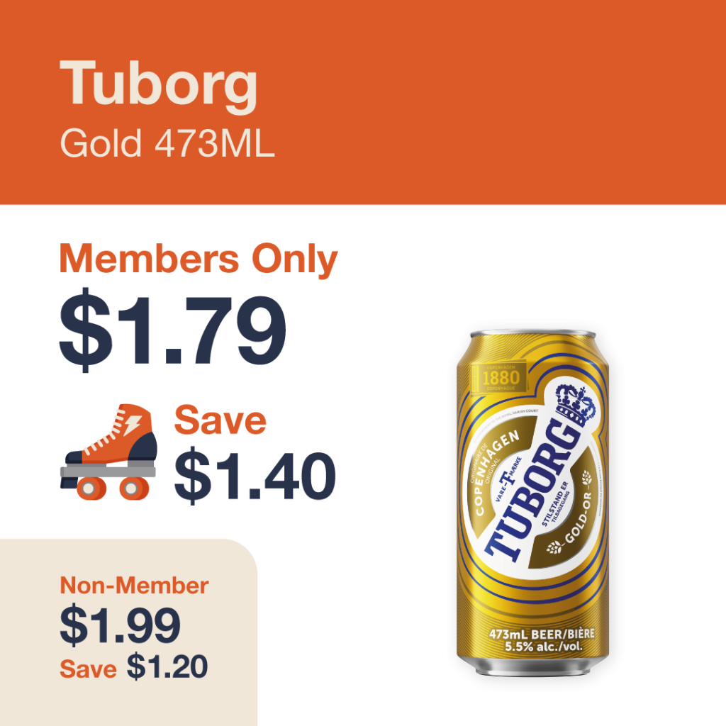Liquor Co. 1977 monthly promo: Save $1.20 on Tuborg Gold 473ML - Members save $1.40 on this featured beer deal