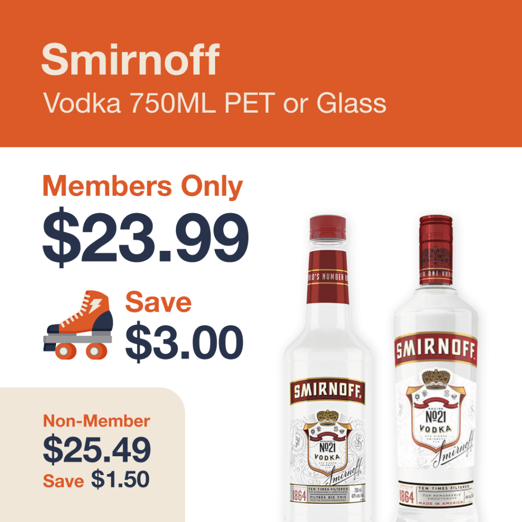 Liquor Co. 1977 monthly promo: Save $1.50 on Smirnoff Vodka 750ML PET or Glass - Members save $3.00 on this featured spirit deal