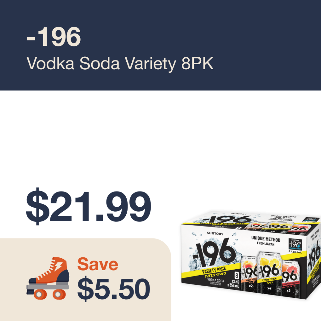 Liquor Co. 1977 monthly promo: Featured RTD deal. Save $5.50 on -196 Vodka Soda Variety 8PK
