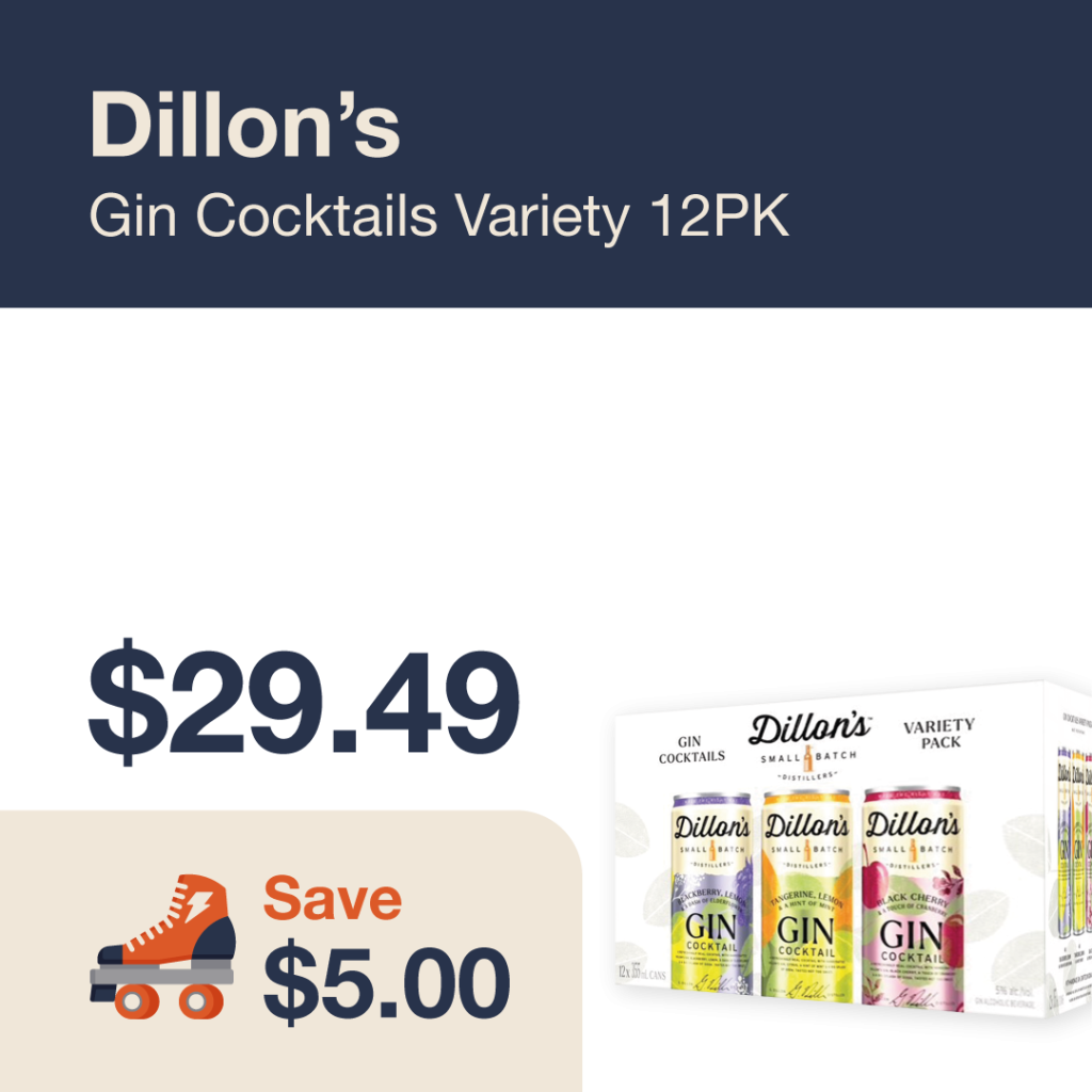 Liquor Co. 1977 monthly promo: Featured RTD deal. Save $5.00 on Dillon's Gin Cocktails Variety 12PK