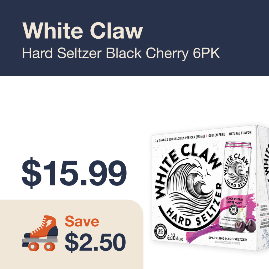 Liquor Co. 1977 monthly promo: Featured RTD deal. Save $2.50 on White Claw Hard Seltzer Black Cherry 6PK
