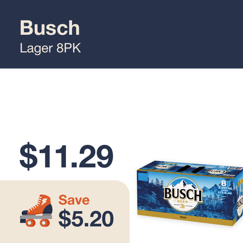 Liquor Co. 1977 monthly promo: Featured beer deal. Save $5.20 on Busch Lager 8PK