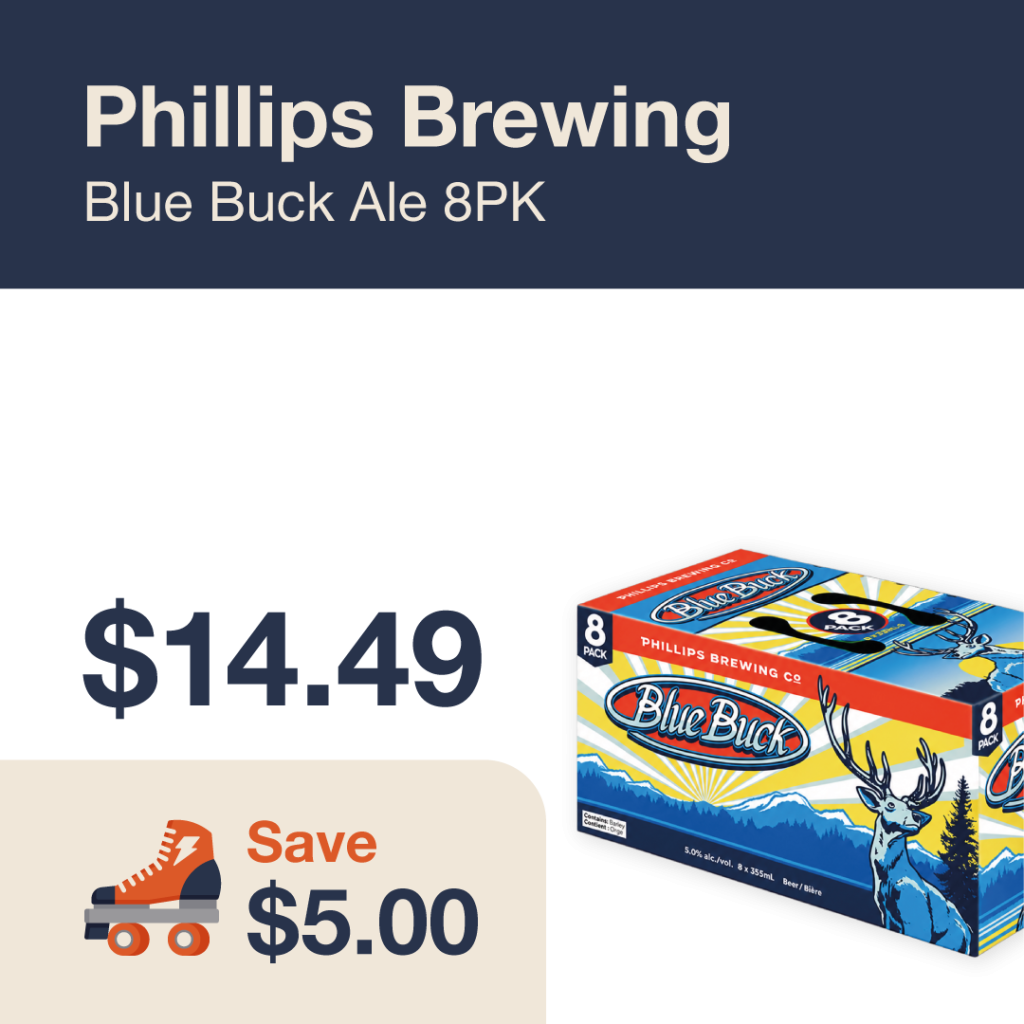 Liquor Co. 1977 monthly promo: Featured beer deal. Save $5.00 on Phillips Brewing Blue Buck Ale 8PK