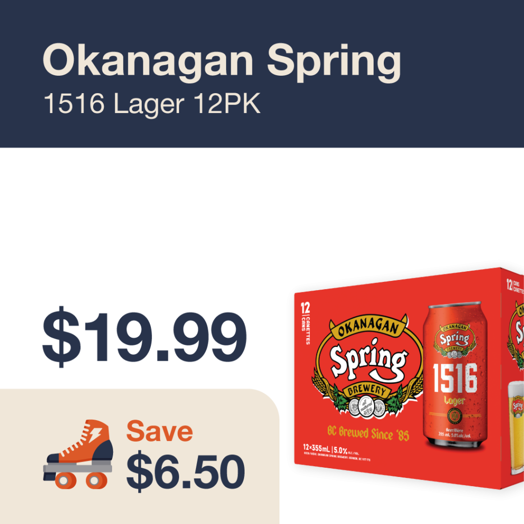 Liquor Co. 1977 monthly promo: Featured beer deal. Save $6.50 on Okanagan Spring 1516 Lager 12PK