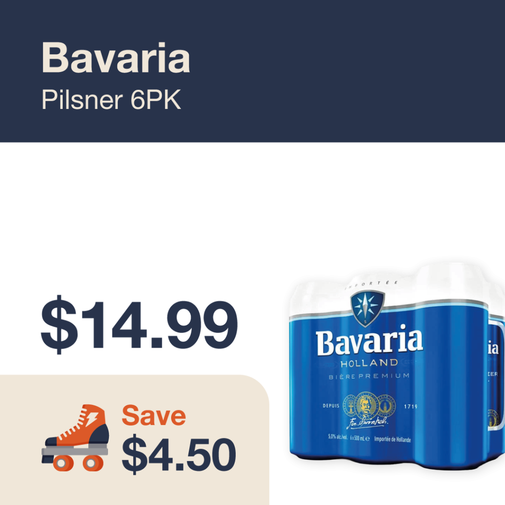 Liquor Co. 1977 monthly promo: Featured beer deal. Save $4.50 on Bavaria Pilsner 6PK