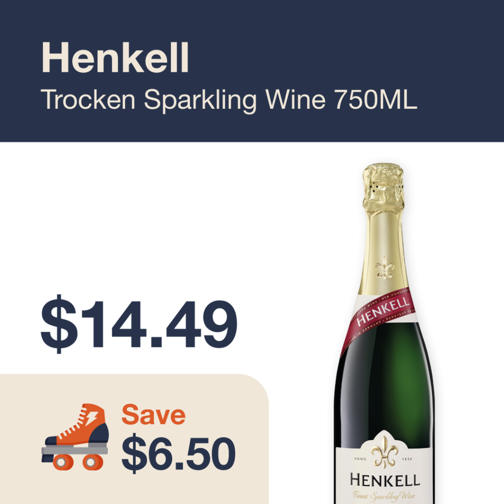 Liquor Co. 1977 monthly promo: Featured wine deal. Save $6.50 on Henkell Trocken Sparkling Wine 750ML