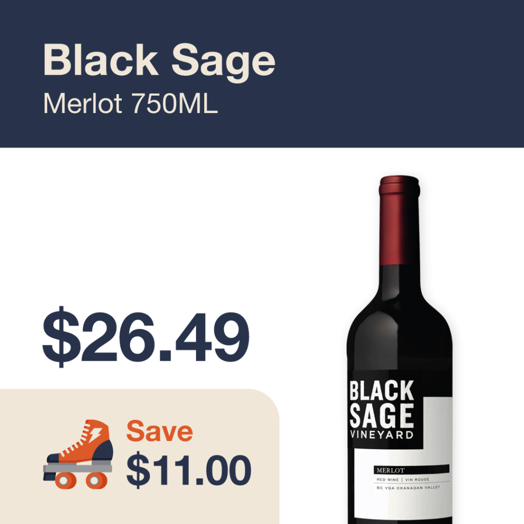 Liquor Co. 1977 monthly promo: Featured wine deal. Save $11.00 on Black Sage Merlot 750ML