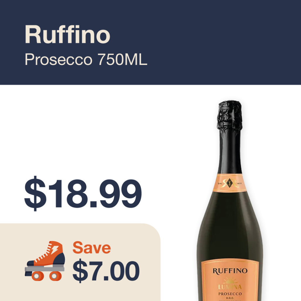 Liquor Co. 1977 monthly promo: Featured wine deal. Save $7.00 on Ruffino Prosecco 750ML