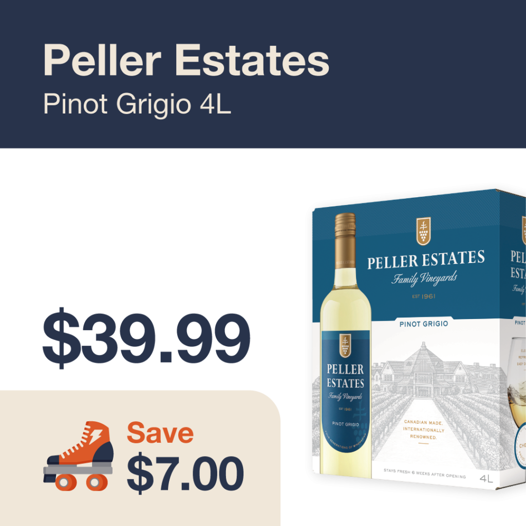 Liquor Co. 1977 monthly promo: Featured wine deal. Save $7.00 on Peller Estates Pinot Grigio 4L