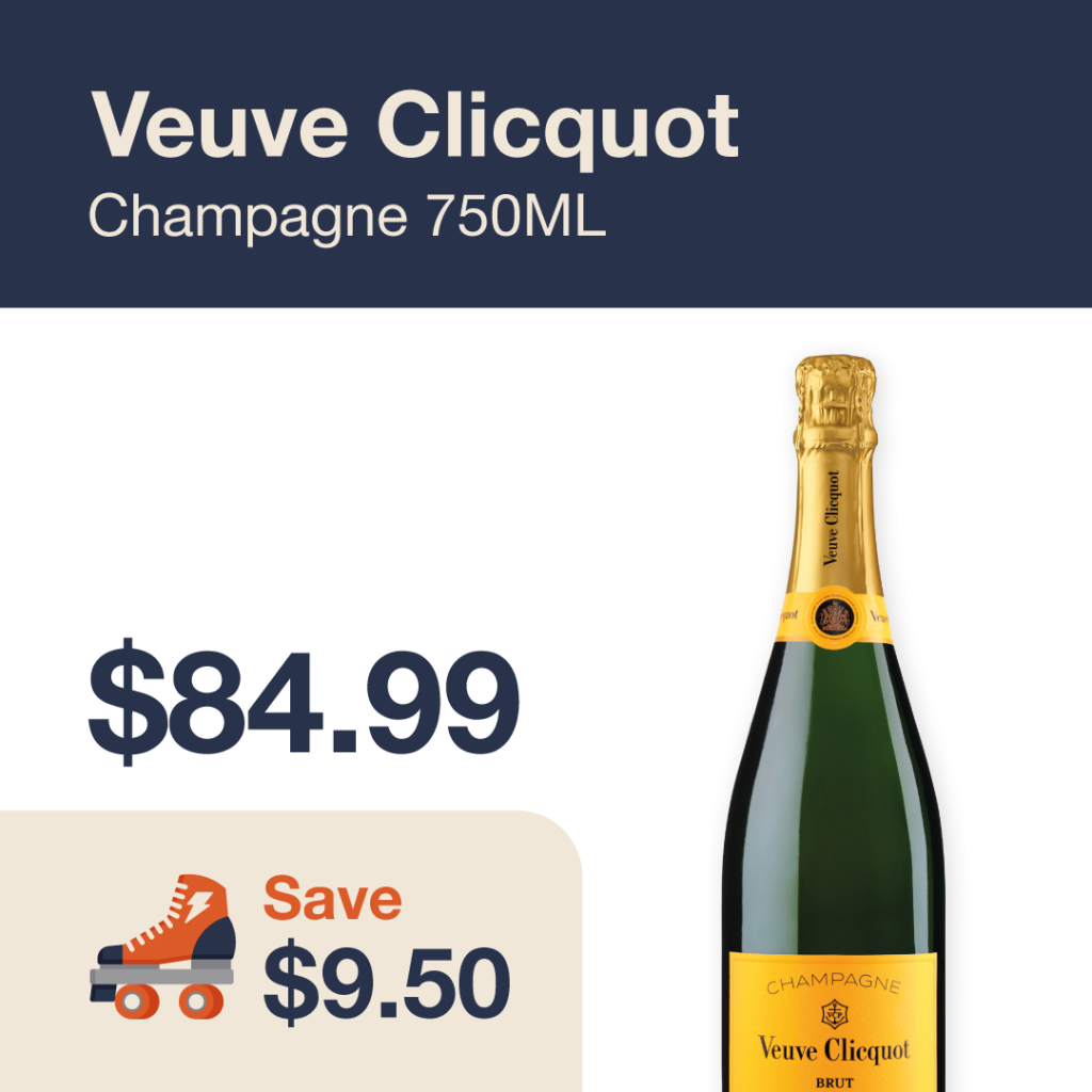 Liquor Co. 1977 monthly promo: Featured wine deal. Save $9.50 on Veuve Clicquot Champagne 750ML