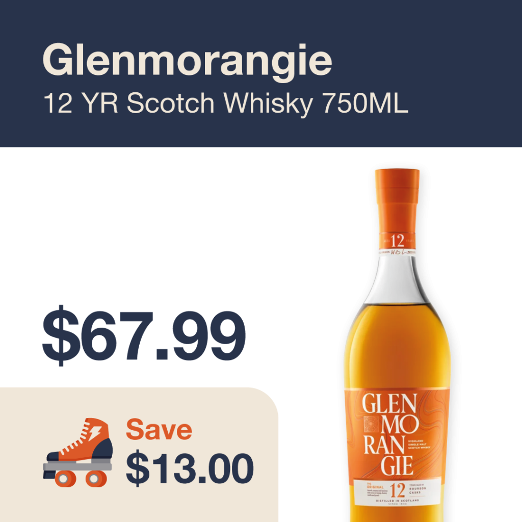 Liquor Co. 1977 monthly promo: Featured spirit deal. Save $13.00 on Glenmorangie 12 YR Scotch Whisky 750ML