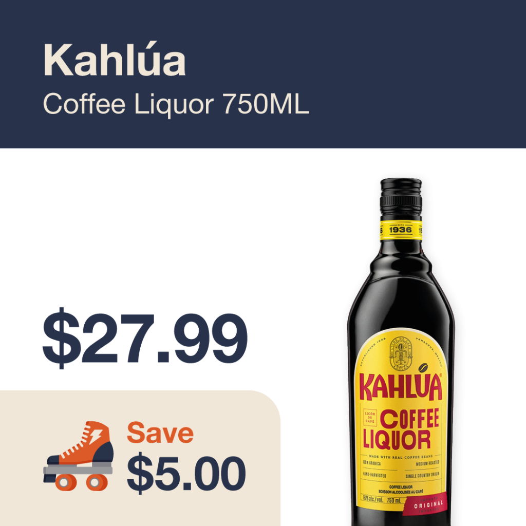 Liquor Co. 1977 monthly promo: Featured spirit deal. Save $5.00 on Kahlua Coffee Liquor 750ML
