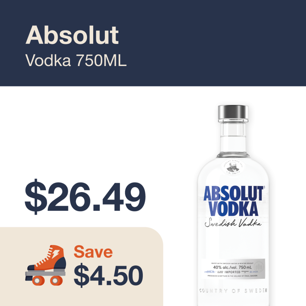 Liquor Co. 1977 monthly promo: Featured spirit deal. Save $4.50 on Absolut Vodka 750ML
