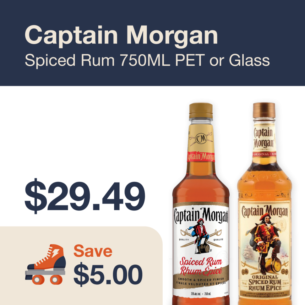 Liquor Co. 1977 monthly promo: Featured spirit deal. Save $5.00 on Captain Morgan Spiced rum 750ML PET or Glass