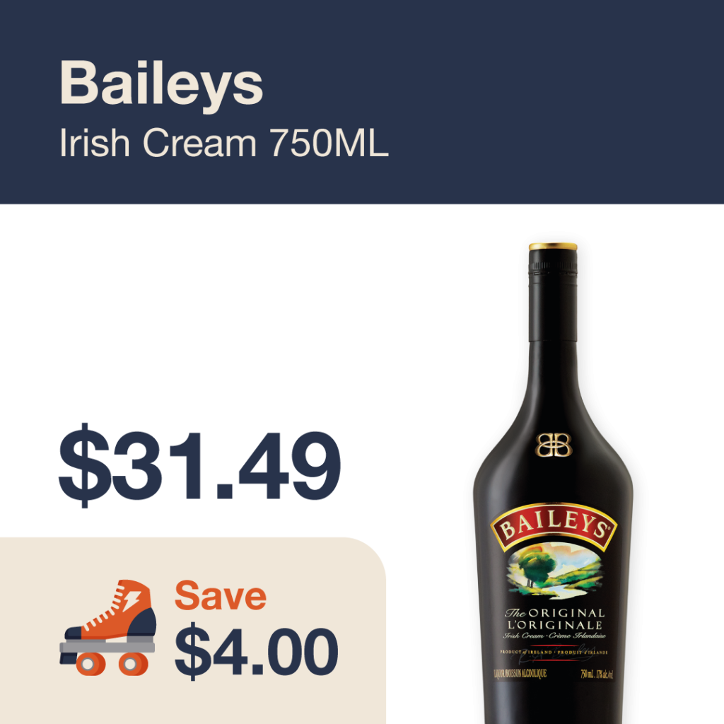 Liquor Co. 1977 monthly promo: Featured spirit deal. Save $4.00 on Baileys Irish Cream 750ML